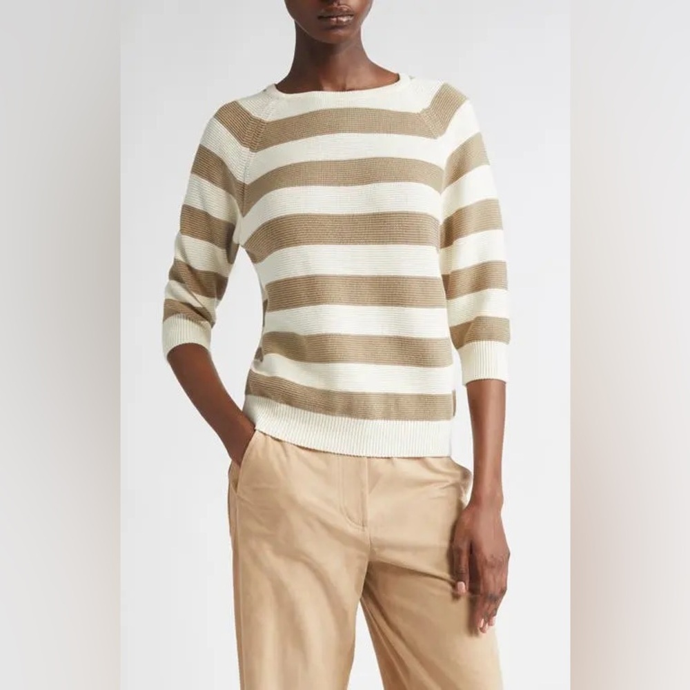 Max Mara sante striped cotton chunky-knit sweater 3/4 long sleeves ribbed beige